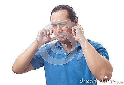 Young Man Close His Ears Dont Want to Hear Something Bad Stock Photo