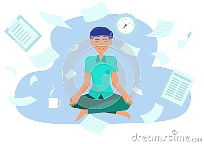 Vector flat icon of man doing yoga in the office Calm and relax during the working day business man meditating Vector Illustration