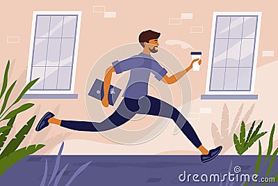 Young man with coffee cup and laptop in hands hurrying up to work Vector Illustration