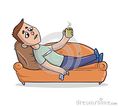 Young man with cold and running nose lies on a sandy-colored couch and takes medicine. Guy on a sofa feeling sick Vector Illustration