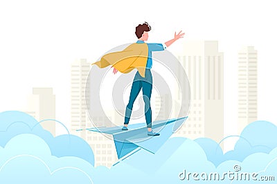 Young man conquer the world with his mind and skills. Cartoon Illustration