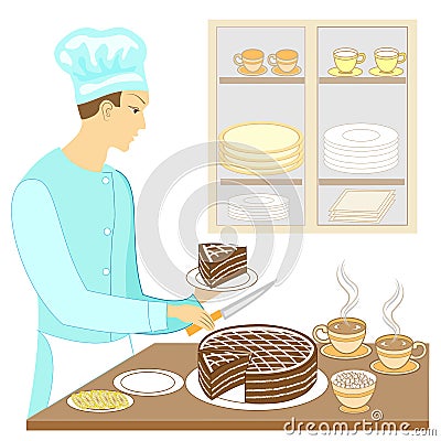 A young man cook prepares an exquisite sweet table. Baked a chocolate cake and cuts pieces, puts a cup of hot tea coffee . On the Cartoon Illustration