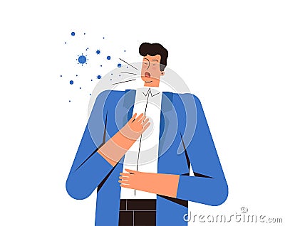 Young man coughs and spreads virus. The danger of the spread of the new coronavirus COVID-2019 Vector Illustration