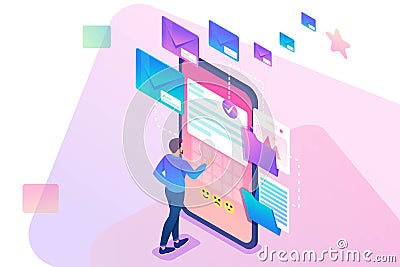 Young man creates New email message, send mail notification. New incoming message. Business correspondence. 3d isometric. Vector Illustration