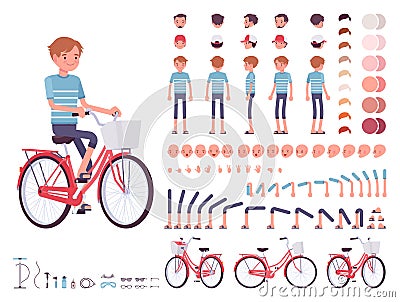 Young man cycling city bike. Character creation set Vector Illustration