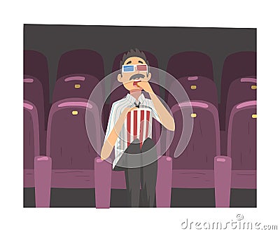 Young Man in 3d Glasses Sitting in Cinema Theatre with Popcorn and Watching Movie, Man in Everyday Life, Daily Routine Vector Illustration