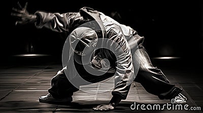 Young man dancing breakdance in the dark, studio shot. Stock Photo