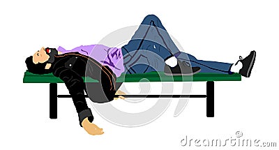 Young man deeply sleeping or drunk, laying outdoors on a wooden park bench, . Cartoon Illustration