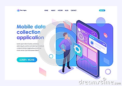 Young man is developing a Mobile application for data collection Concept of modern technologies 3d isometric Landing page concepts Vector Illustration