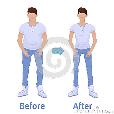 Young man before and after diet and fitness. Weight loss. Fat and thin man, body transformation. Vector illustration Vector Illustration