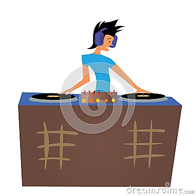 Young Man DJ Playing Music Behind the Decks. Vector Illustration, Isolated on White. Vector Illustration