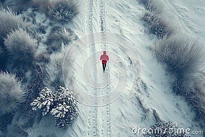 A young man does sports on a snowy path, aerial view Stock Photo
