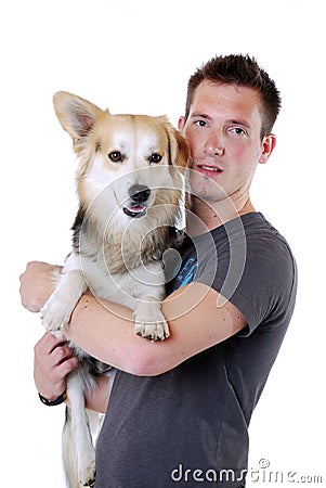 Young man with dog Stock Photo