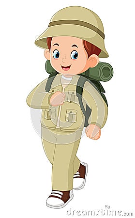 a young man doing adventurous activities wearing adventurous clothes and carrying a large backpack Vector Illustration