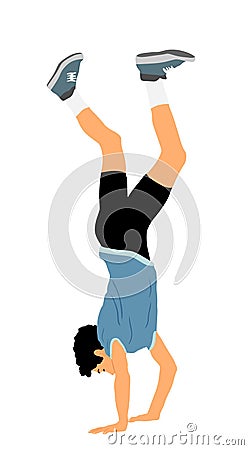 Young man doing cartwheel exercise. Sportsman acrobat boy in handstand position vector illustration. Vector Illustration