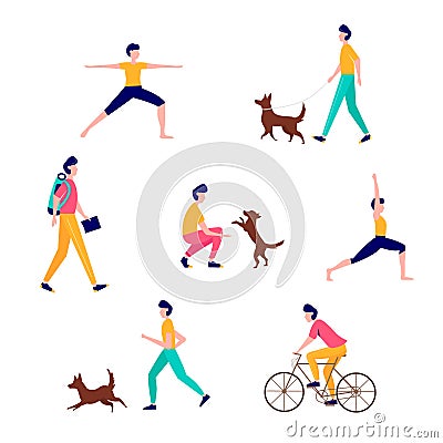 Young man doing different outdoor activities: running, doing yoga, cycling, walking the dog, traveling. Vector Vector Illustration