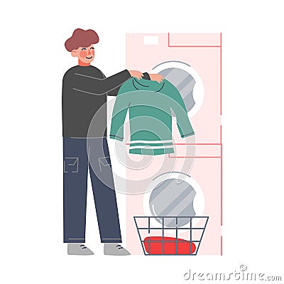 Young Man Doing Laundry at Home or Public Laundrette, Guy Washing and Drying Clothes in Washer Flat Style Vector Vector Illustration