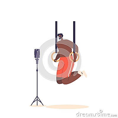 Young Man Doing Push-ups On Gymnastic Rings In Gym and Recording Video Tutorial of Workout Process, Vector Illustration Vector Illustration