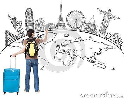 Young man drawing global map and famous landmark Stock Photo