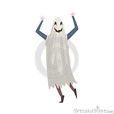 Young Man Dressed as Ghost, Guy in Festival Costume, Masquerade Ball, Person Taking Part at Carnival Party or Holiday Vector Illustration