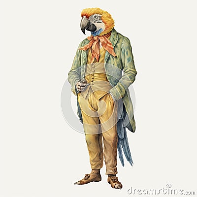 Hyperrealistic Fauna: Vintage Watercolored Illustration Of A Person With Parrots Cartoon Illustration