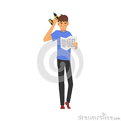 Young Man with Drill Reading Furniture Assembly Instructions Vector Illustration Vector Illustration