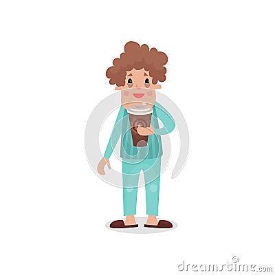 Young man drinking giant cup of coffee, harmful habit and addiction cartoon vector Illustration Vector Illustration