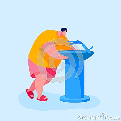 Young Man Drinking Water on Street in Hot Summer. Male Character Refreshing Outdoors with Cold Aqua and Washing Face Vector Illustration
