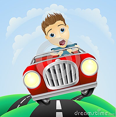 Young man driving fast classic car Vector Illustration