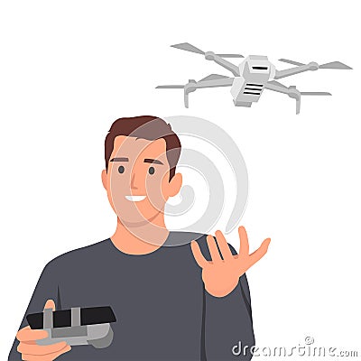 Young man with drone quadrocopter, Remote aerial drone with a camera taking photography or video recording game, isometrics Cartoon Illustration