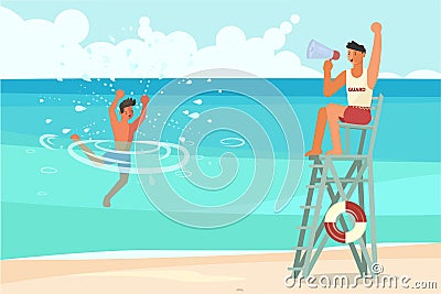 Male lifeguard saving a drowner Vector Illustration