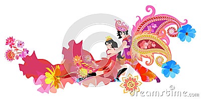 Young man in east costume with wings in shape of paisley and girl in red dress, decorated of flowers, dancing tango Vector Illustration