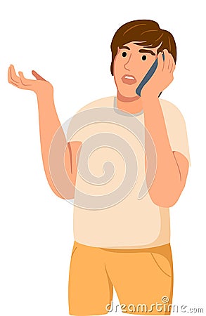 A young man emotionally speaks on a smartphone. Communication Concept. Male Character speaking by cellphone. Teenager Vector Illustration