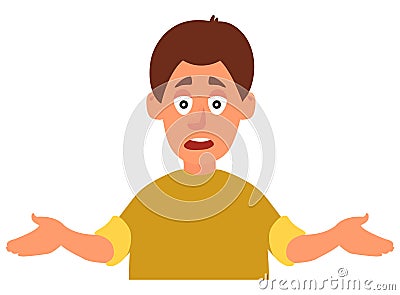 Young man emotionally spreads his hands. Question, what s going on. Vector illustration on white background in cartoon style Vector Illustration