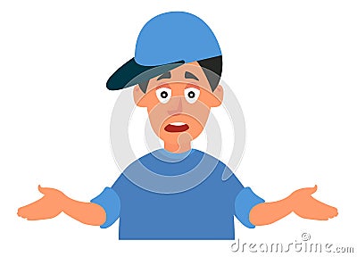 Young man emotionally spreads his hands. Question, what s going on. Vector illustration on white background in cartoon style Vector Illustration