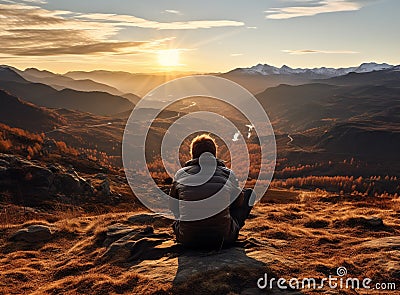 A young man enjoying looking at the stunning scenery on the high mountain before sunset. Stock Photo