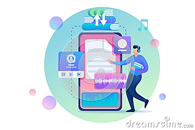 Young man enjoys his electronic library, downloaded new e-books. Flat 2D character. Concept for web design Vector Illustration