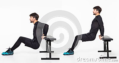 Young man exercise on bench working on abdominal muscles on white background Stock Photo
