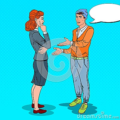 Young Man Expaining his New Idea to Business Woman in Office. Pop Art illustration Vector Illustration