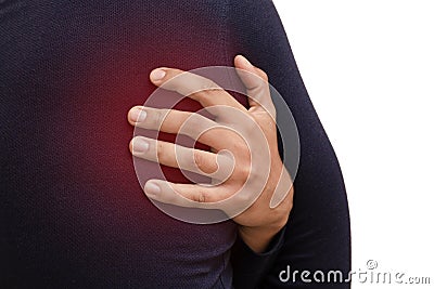 Young man experiences pain in latissimus dorsi muscle, isolated horizontal color photo. Health concept, red spot at the site Stock Photo
