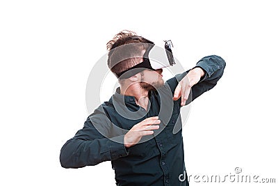 Young man experiencing virtual reality for the firts time Stock Photo