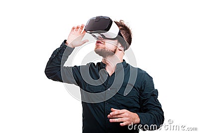 Young man experiencing virtual reality for the firts time Stock Photo