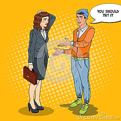 Young Man Explaining Something to Businesswoman. Pop Art illustration Vector Illustration