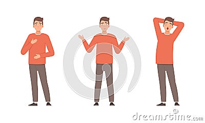 Young Man Expressing Different Emotion Yawning and Confusion Vector Set Vector Illustration