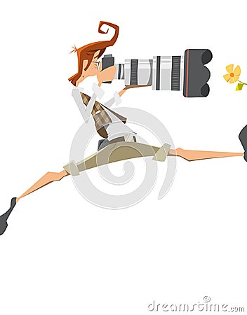 Young man extreme pro professional photographer with big lens ca Vector Illustration