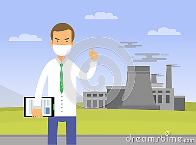 Young Man in Face Mask Showing Restriction Sign Towards Industrial Plants Contaminating Environment Vector Illustration Vector Illustration