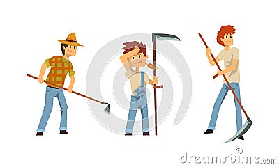 Young Man Farmer Working in the Field with Scythe and Rake Vector Set Vector Illustration