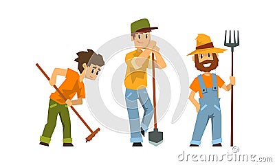 Young Man Farmer Working in the Field with Shovel, Fork and Rake Vector Set Vector Illustration