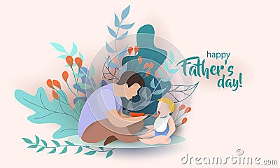 Young man Father Feeding Baby with spoon Vector Illustration