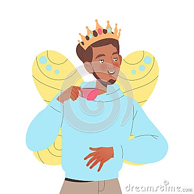 Young Man Father Wearing Crown and Butterfly Wings Drinking Toy Tea Vector Illustration Stock Photo